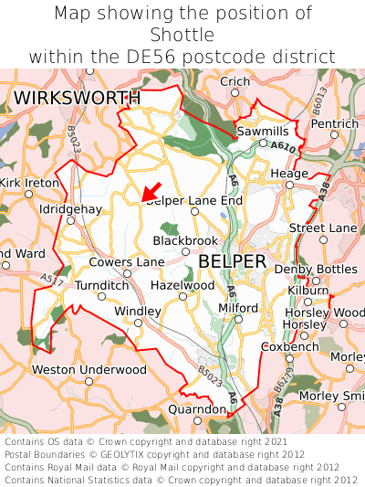 Map showing location of Shottle within DE56