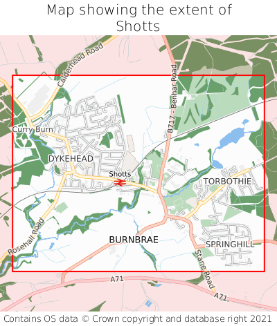 Map showing extent of Shotts as bounding box