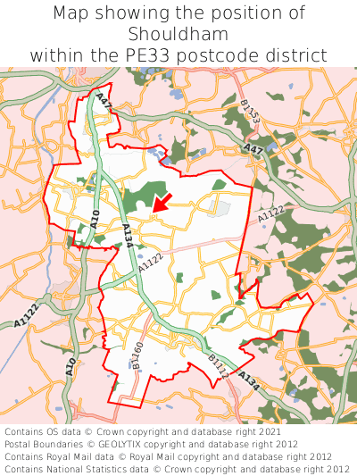 Map showing location of Shouldham within PE33