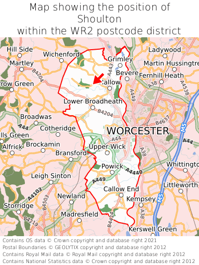 Map showing location of Shoulton within WR2