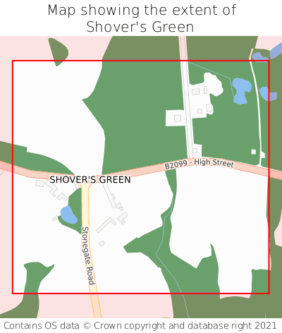 Map showing extent of Shover's Green as bounding box