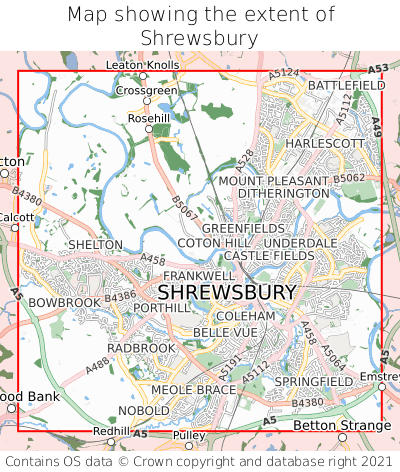 Map showing extent of Shrewsbury as bounding box