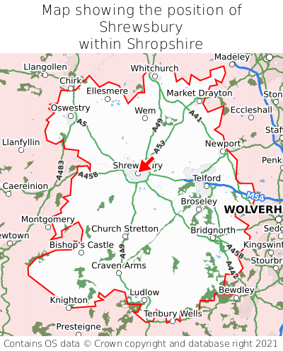 Map showing location of Shrewsbury within Shropshire