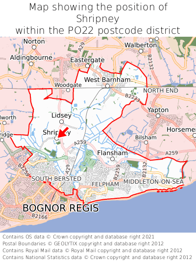Map showing location of Shripney within PO22