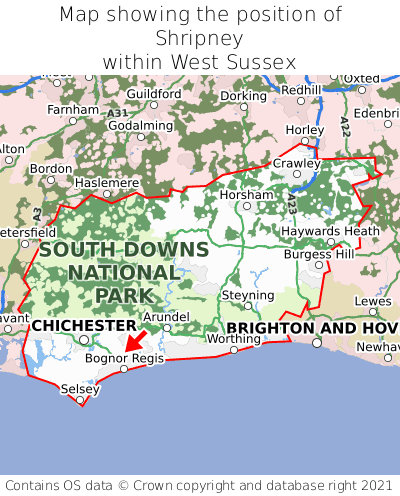 Map showing location of Shripney within West Sussex