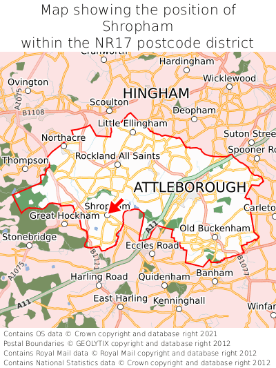 Map showing location of Shropham within NR17