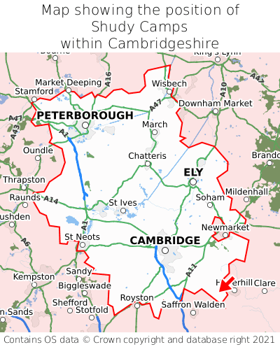 Map showing location of Shudy Camps within Cambridgeshire