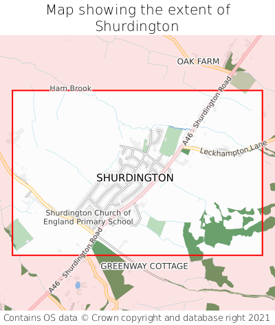 Map showing extent of Shurdington as bounding box