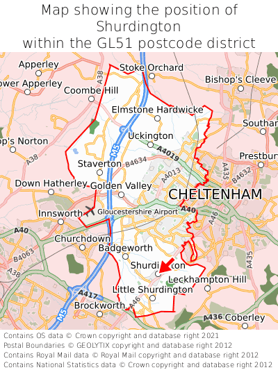 Map showing location of Shurdington within GL51