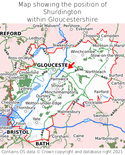 Map showing location of Shurdington within Gloucestershire