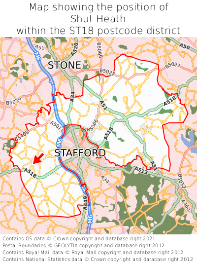 Map showing location of Shut Heath within ST18