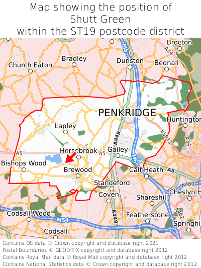 Map showing location of Shutt Green within ST19