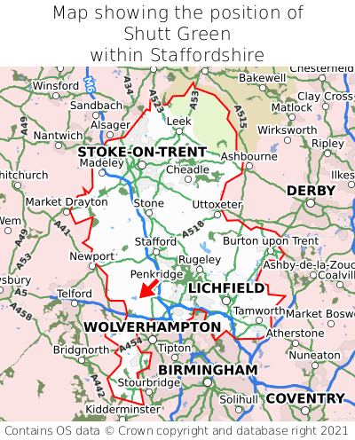 Map showing location of Shutt Green within Staffordshire