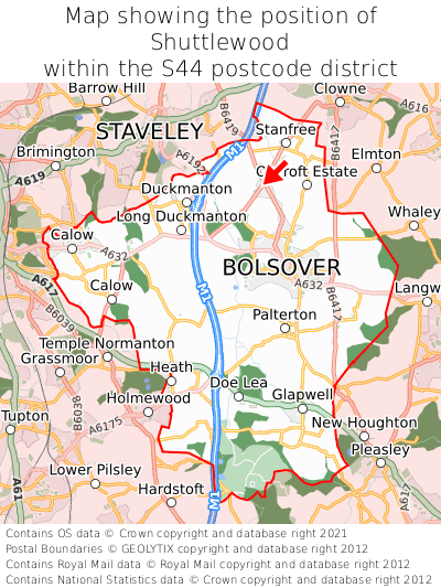 Map showing location of Shuttlewood within S44