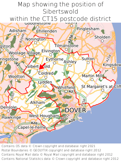Map showing location of Sibertswold within CT15