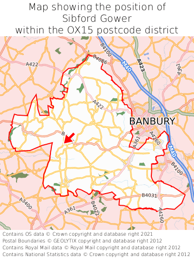 Map showing location of Sibford Gower within OX15