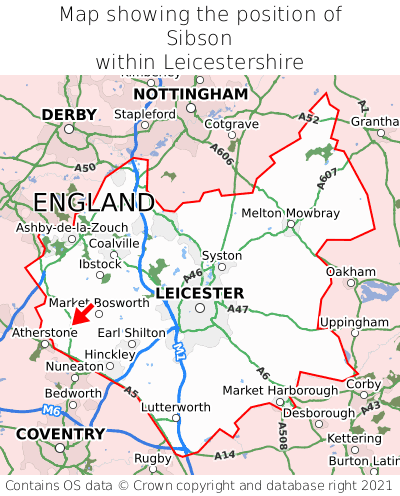 Map showing location of Sibson within Leicestershire