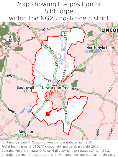 Map showing location of Sibthorpe within NG23
