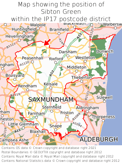 Map showing location of Sibton Green within IP17