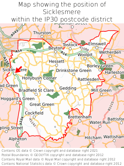 Map showing location of Sicklesmere within IP30