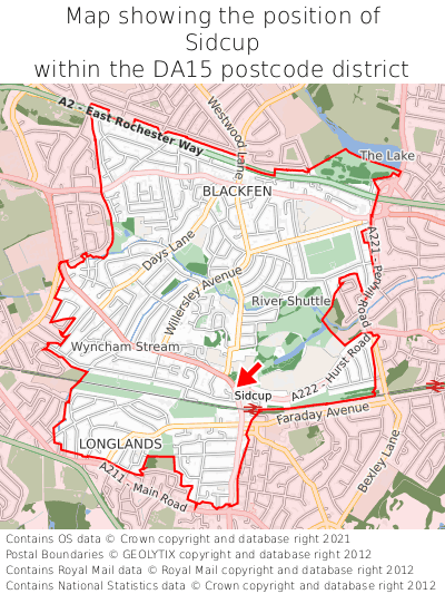 Map showing location of Sidcup within DA15