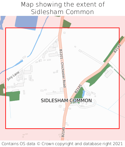 Map showing extent of Sidlesham Common as bounding box