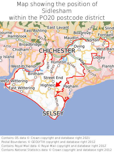 Map showing location of Sidlesham within PO20