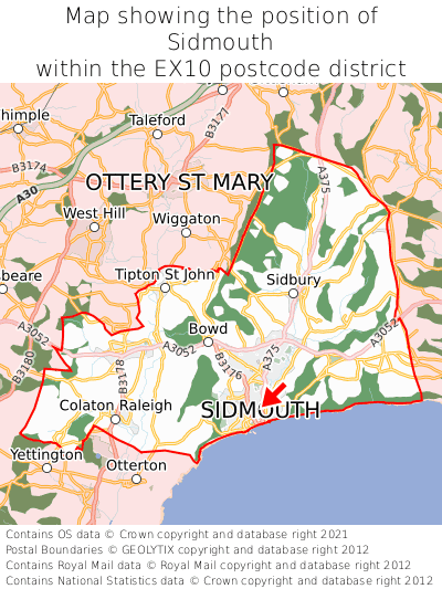 Map showing location of Sidmouth within EX10