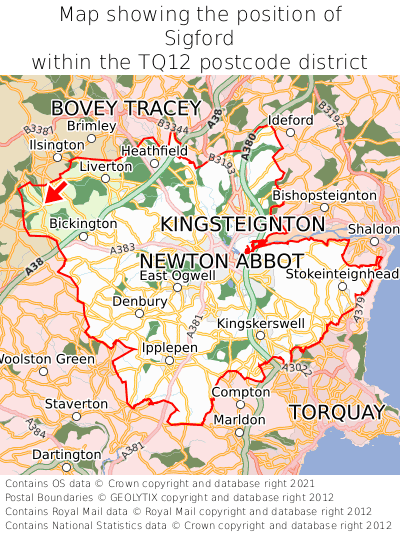 Map showing location of Sigford within TQ12