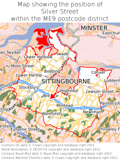 Map showing location of Silver Street within ME9