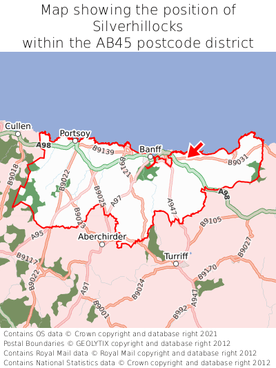 Map showing location of Silverhillocks within AB45