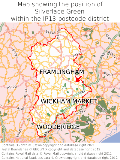 Map showing location of Silverlace Green within IP13
