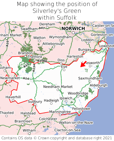 Map showing location of Silverley's Green within Suffolk