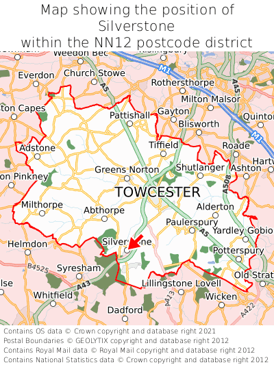 Map showing location of Silverstone within NN12