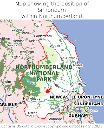 Map showing location of Simonburn within Northumberland