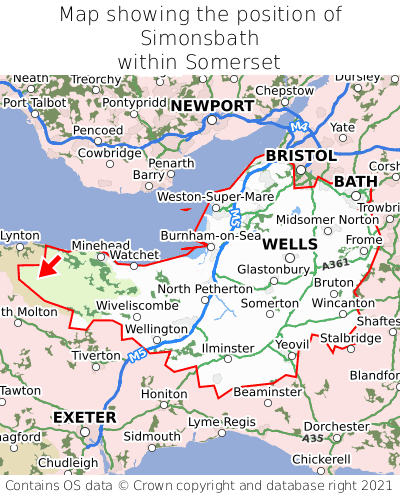 Map showing location of Simonsbath within Somerset