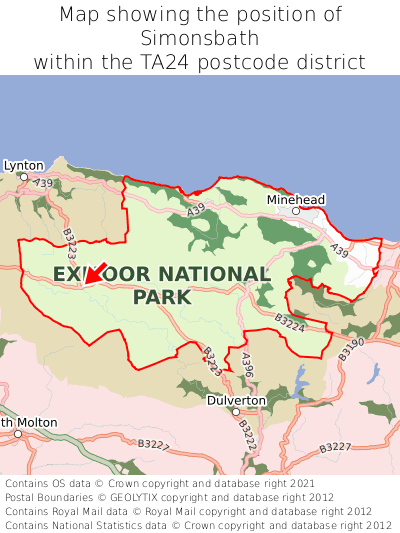Map showing location of Simonsbath within TA24
