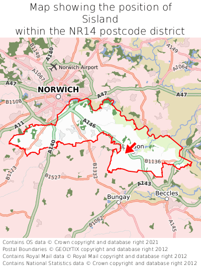 Map showing location of Sisland within NR14