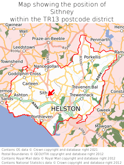 Map showing location of Sithney within TR13