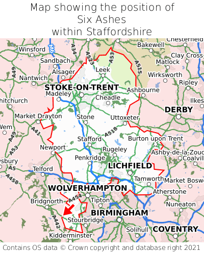 Map showing location of Six Ashes within Staffordshire