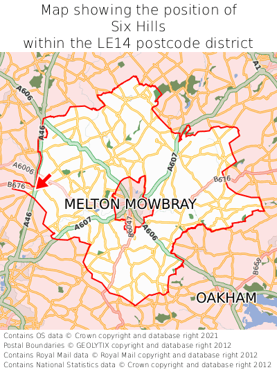 Map showing location of Six Hills within LE14