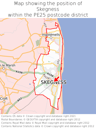 Map showing location of Skegness within PE25