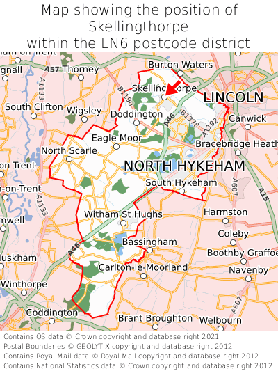Map showing location of Skellingthorpe within LN6