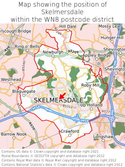 Map showing location of Skelmersdale within WN8