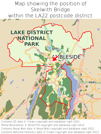 Map showing location of Skelwith Bridge within LA22