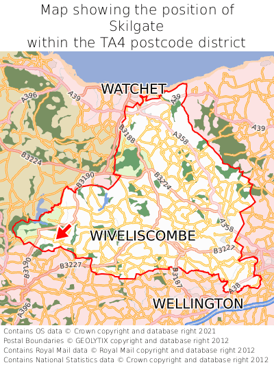 Map showing location of Skilgate within TA4
