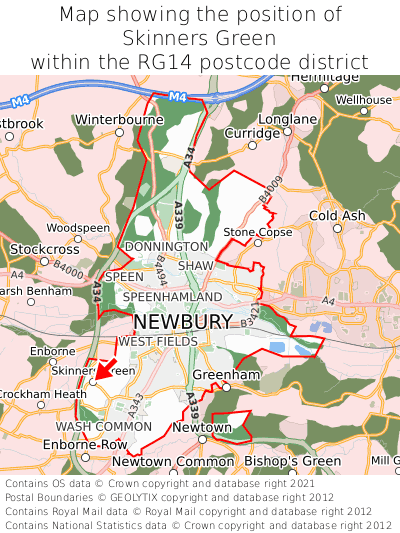 Map showing location of Skinners Green within RG14