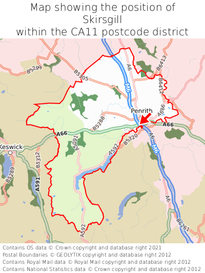 Map showing location of Skirsgill within CA11