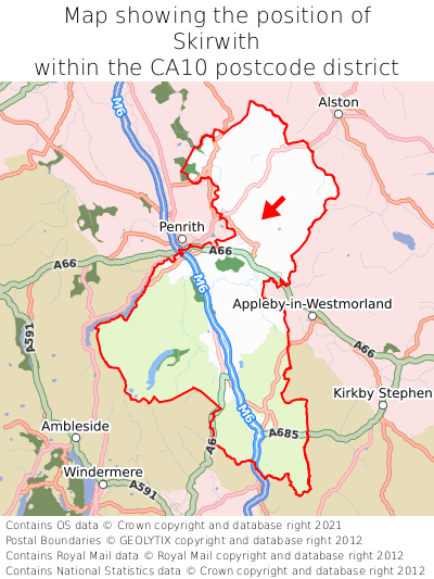 Map showing location of Skirwith within CA10