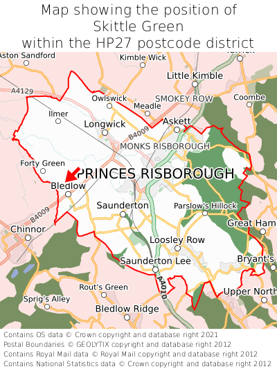 Map showing location of Skittle Green within HP27